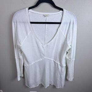 POL Womens Top Light Wash Rib Textured Long Sleeve Blouse Size Small White